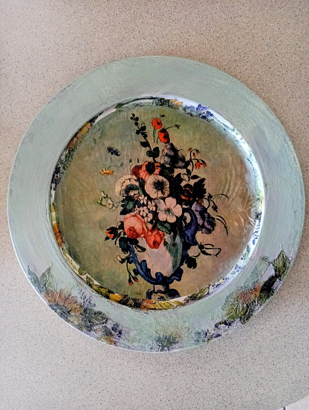 Repurposed Redesigned  13" wood decoupage painted plate